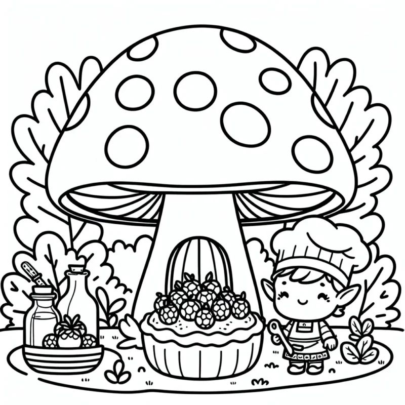 Un petit elfe cuisinier dans sa maison en forme de champignon en pleine forêt enchantée, préparant une savoureuse tarte aux baies des bois.