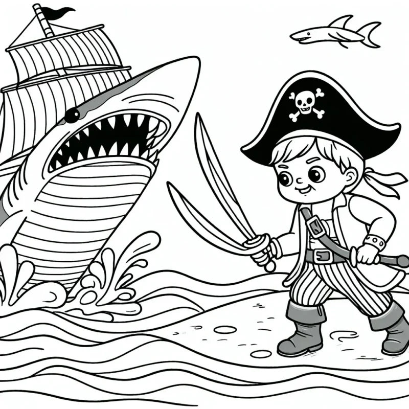 Un jeune pirate audacieux brandissant son épée face à un requin féroce tout en tenant fermement le gouvernail de son navire.