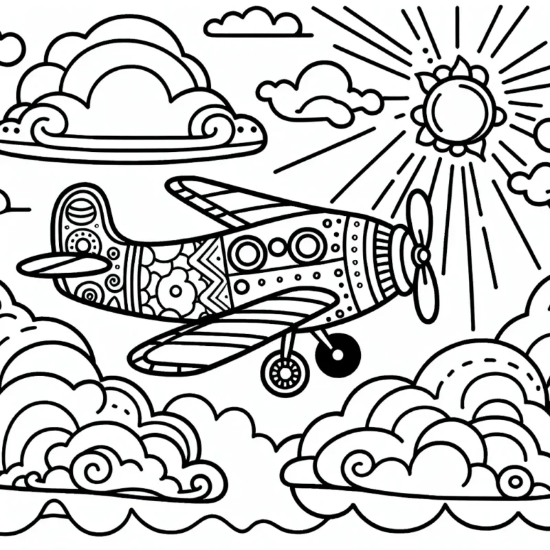 Imagine un avion qui vole haut dans le ciel, décoré de belles formes et motifs. Il est parmi les nuages et le soleil brille au loin.