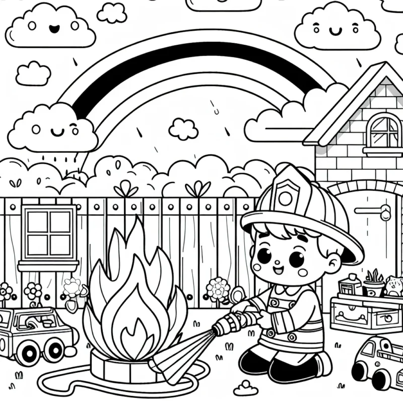 Un petit garçon courageux avec son super costume de pompier, essayant d'éteindre un faux incendie qui se trouve dans son jardin de jouets avec un arc-en-ciel et des nuages souriants à l'arrière-plan.