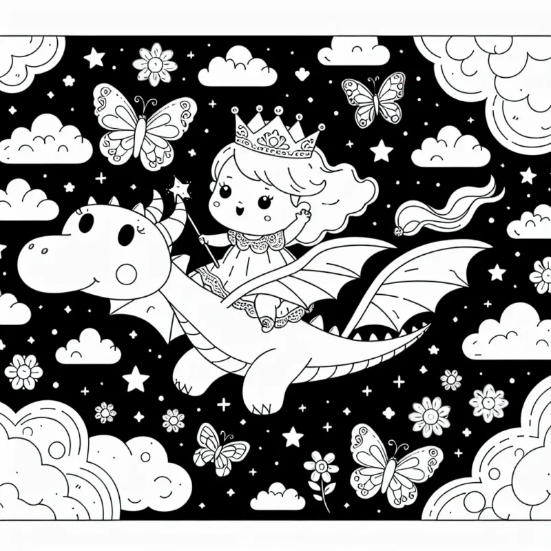 Une petite princesse vole dans le ciel sur le dos de son fidèle dragon, entouré de nuages colorés et de papillons enchanteurs.