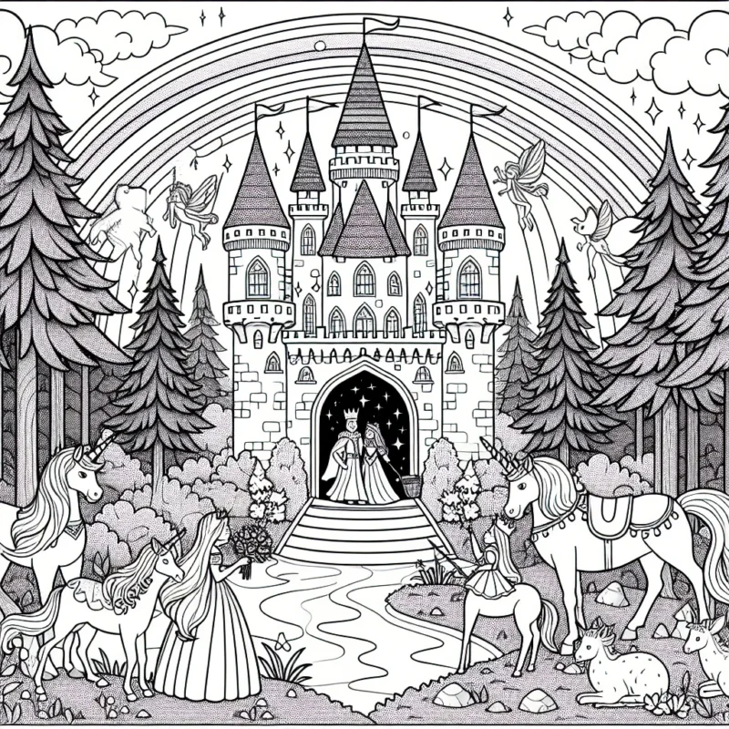 Un château majestueux niché au cœur de la forêt enchantée, entouré de licornes, de fées et d'animaux parlant tous ensemble. Un bel arc-en-ciel qui jette une lumière magique sur la scène. Le roi et la reine reçoivent les royaumes voisins pour un grand festin.
