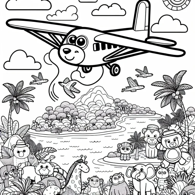Dessine un avion survolant une île tropicale avec des animaux exotiques au sol.