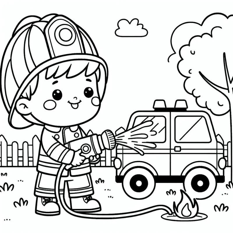 Petit garçon avec son camion de pompier, équipé de son casque et de sa lance à incendie, éteignant un feu au parc...