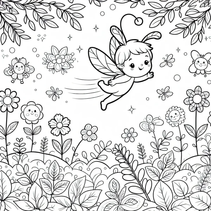 Une petite fée survolant un jardin enchanteur rempli de fleurs colorées et d'animaux mignons