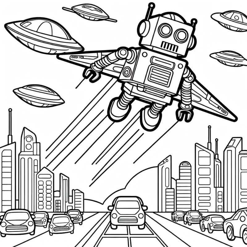 Un robot super cool volant au-dessus d'une ville futuriste avec des voitures volantes