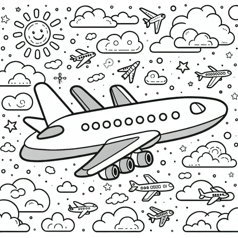 Sur ce dessin, il y a un grand avion qui vole haut dans le ciel pendant la journée. L'avion a des fenêtres sur lesquelles les enfants peuvent peindre les passagers. Il y a aussi un soleil souriant et quelques nuages. Le ciel est rempli d'autres petits avions décoratifs, de différentes tailles et formes pour ajouter de la variété. Les enfants sont encouragés à utiliser des couleurs vives pour donner vie à cette scène aérienne.