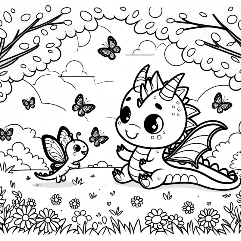 Un petit dragon jouant avec des papillons dans une prairie printanière