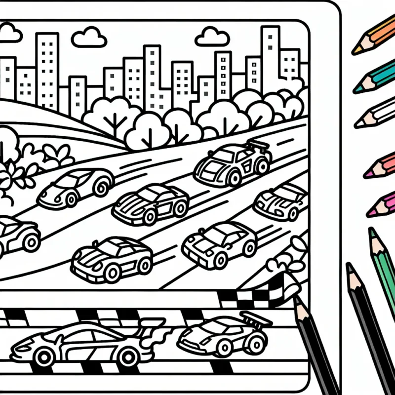 Montre une scène dynamique d'une course de voitures variées sur une piste bondée où les enfants peuvent ajouter leur propre variété de couleurs vives.