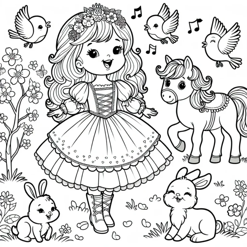 Imagine une princesse souriante avec des vêtements féeriques debout dans un jardin fleuri, entourée de ses amis animaux : des oiseaux chanteurs, des lapins sautillants et un poney charmant.