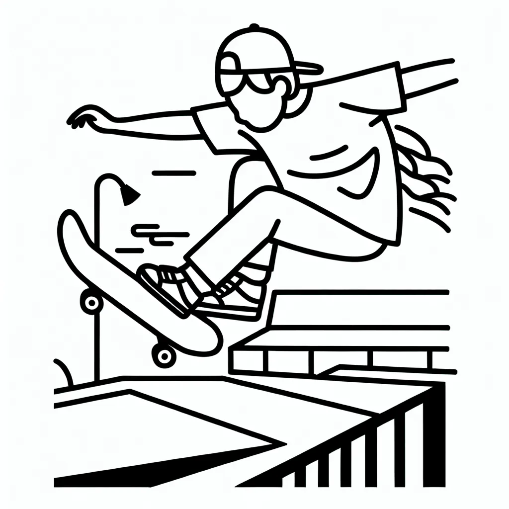 Dessine un skater effectuant une figure remarquable dans un parc à skate