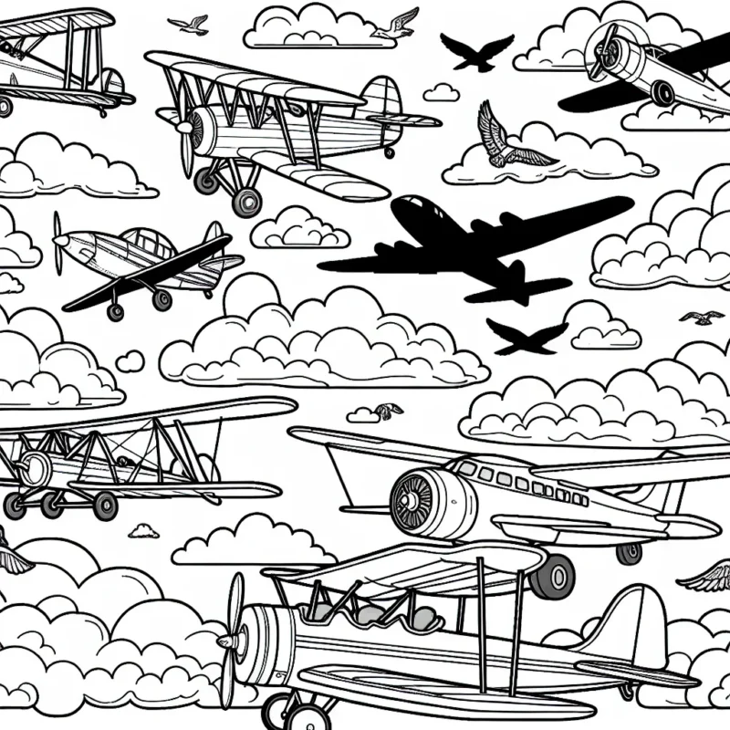 Sur cette page, tu découvriras différents types d'avions, du biplan vintage au jet de ligne ultra-moderne. Il y a aussi un ciel magnifique en toile de fond à colorier, ainsi que des nuages. Des silhouettes d'oiseaux volant dans le ciel évoquent le monde naturel. Es-tu prêt à donner de la couleur à cette aventure aérienne ?