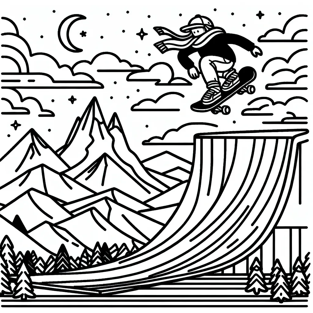 Imagine une scène palpitante mettant en scène un courageux skater sautant sur une rampe gigantesque, les montagnes en arrière-plan, l'étoile du soir au-dessus.