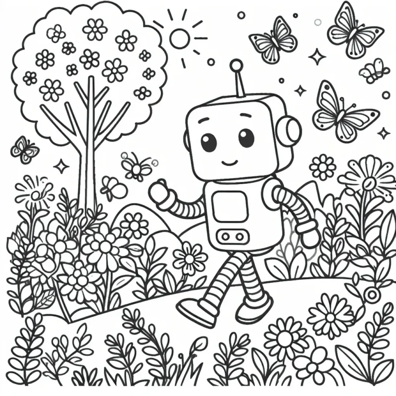 Imagine et dessine un robot amical qui se promène dans un jardin de fleurs enchanté, parmi les papillons qui volent et les oiseaux qui chantent.