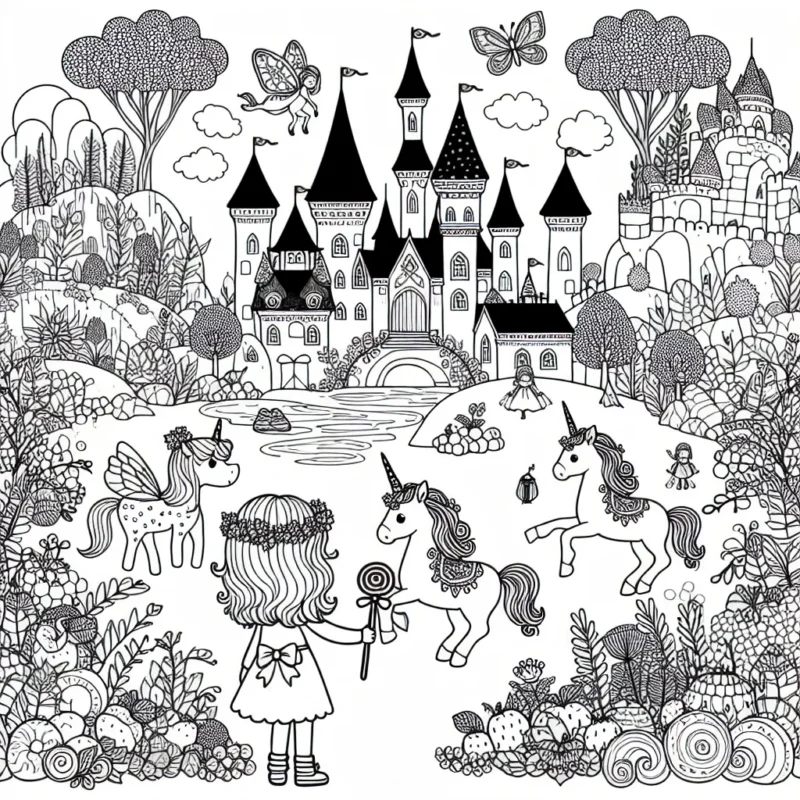 Un paysage féerique composé de plusieurs éléments tels qu'un château enchanté, une licorne, des fées et des arbres fruitiers éparpillés. Au premier plan, une petite fille douce et curieuse explore ce paysage magique.