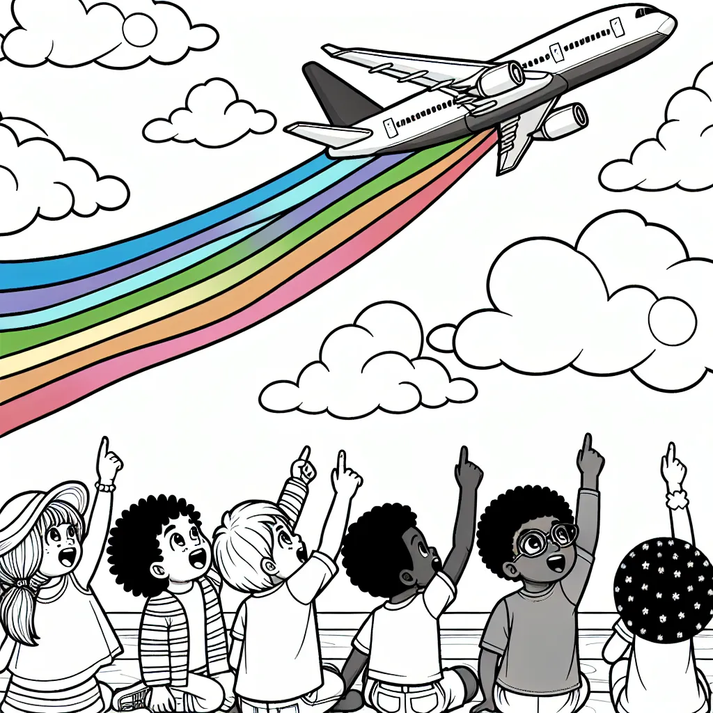 Dans ce dessin, un avion de ligne volant haut dans le ciel laisse une traînée multicolore derrière lui. Au sol, des enfants pointent et regardent avec admiration.