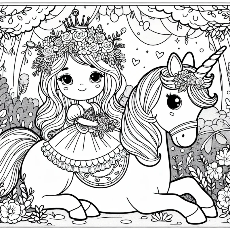 Une jeune princesse avec une couronne de fleurs, assise sur une licorne dans un jardin enchanté.