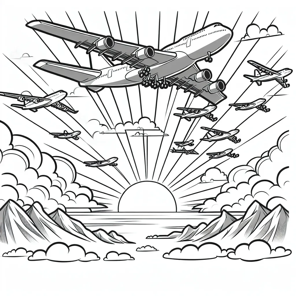 Imagine un coloriage d'un grand avion en vol avec plusieurs petits avions qui le suivent dans le ciel. L'avion principal est haut dans le ciel et l'on peut voir à travers les nuages que le soleil se couche, créant un magnifique mélange de couleurs luminosas. Les petits avions suivent l'avion principal en formation, créant une scène saisissante. Dessine aussi des montagnes en arrière-plan pour ajouter à la beauté de la scène.