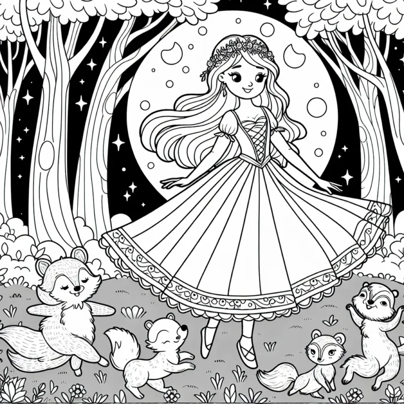 Une princesse danse à la lumière de la lune avec ses amis animaux dans une forêt enchantée.