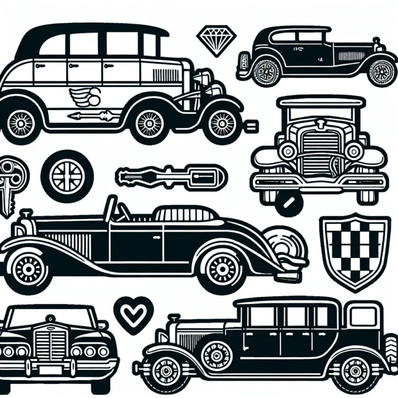 Dessine une collection de voitures par marque. Chacune doit être représentée par un logo distinctif pour identifier facilement la marque.