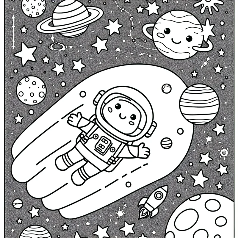 Un astronaute souriant flottant dans l'espace avec des planètes colorées, des étoiles et une comète en arrière-plan