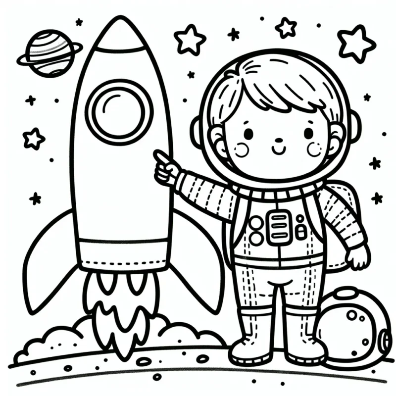 Un petit garçon vêt d'une combinaison spatiale se tient fièrement devant sa fusée, prêt à départ pour une mission spéciale dans l'espace. Il a un casque sous son bras, et par terre, on voit des étoiles, des planètes et des galaxies.