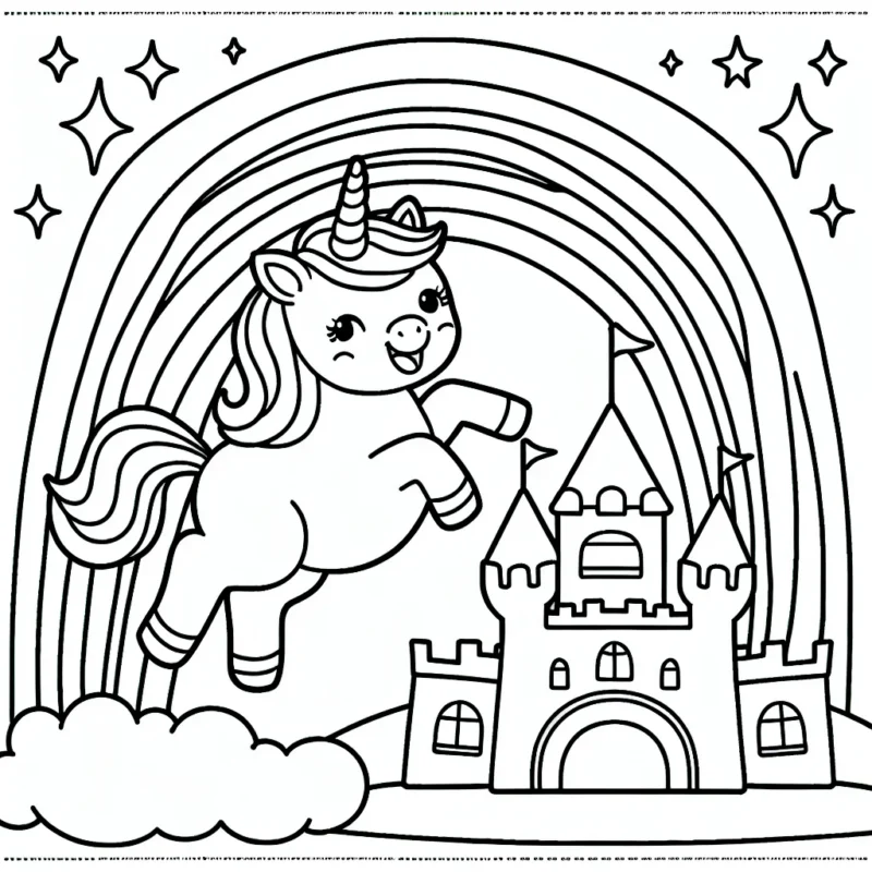 Une petite licorne joyeuse sautant par dessus un arc-en-ciel à côté d'un château de princesse resplendissant
