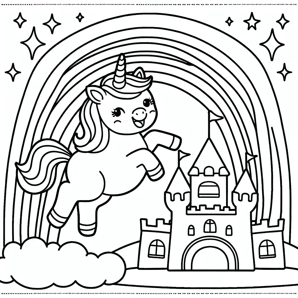 Une petite licorne joyeuse sautant par dessus un arc-en-ciel à côté d'un château de princesse resplendissant