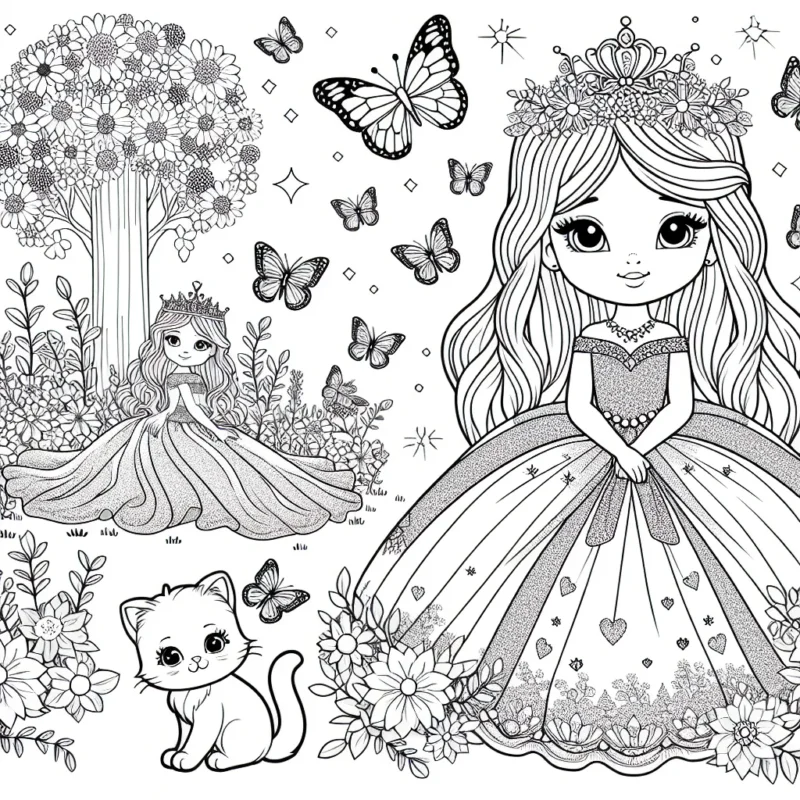 Une jeune princesse est assise dans un majestueux jardin royal, entourée de papillons colorés, de fleurs magnifiques et d'un petit chaton mignon qui se blottit contre elle. Elle porte une belle robe pétillante et une couronne brillante.