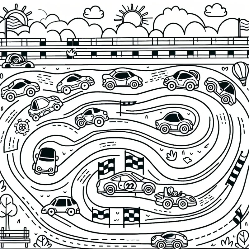 Illustration d'un circuit automobile animé avec divers types de voitures à colorier