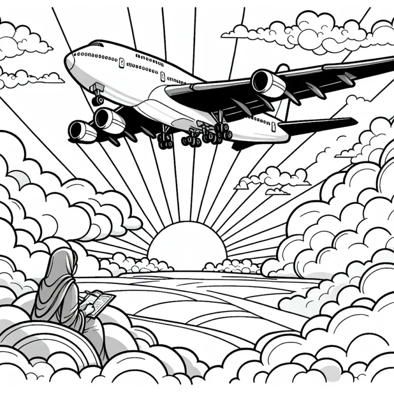 Imagine et dessine un avion volant haut dans le ciel, entouré de plusieurs nuages flottants. À l'intérieur de l'avion, on peut voir le pilote concentré sur son vol. Le soleil se lève lentement sur l'horizon, illuminant le paysage.