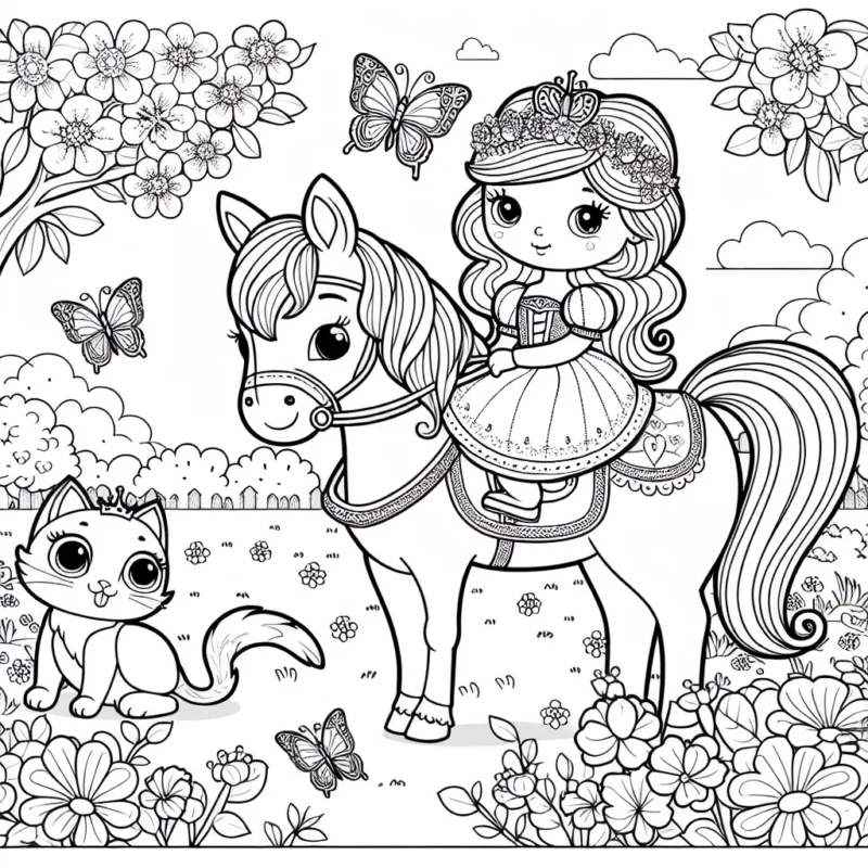Une petite princesse à mettre en couleur, assise sur son cheval majestueux, tandis que son petit chat coquin s'amuse avec un papillon coloré dans un paysage de jardin fleuri.