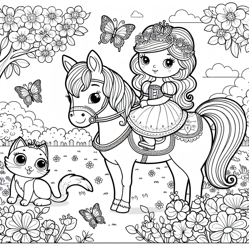 Une petite princesse à mettre en couleur, assise sur son cheval majestueux, tandis que son petit chat coquin s'amuse avec un papillon coloré dans un paysage de jardin fleuri.