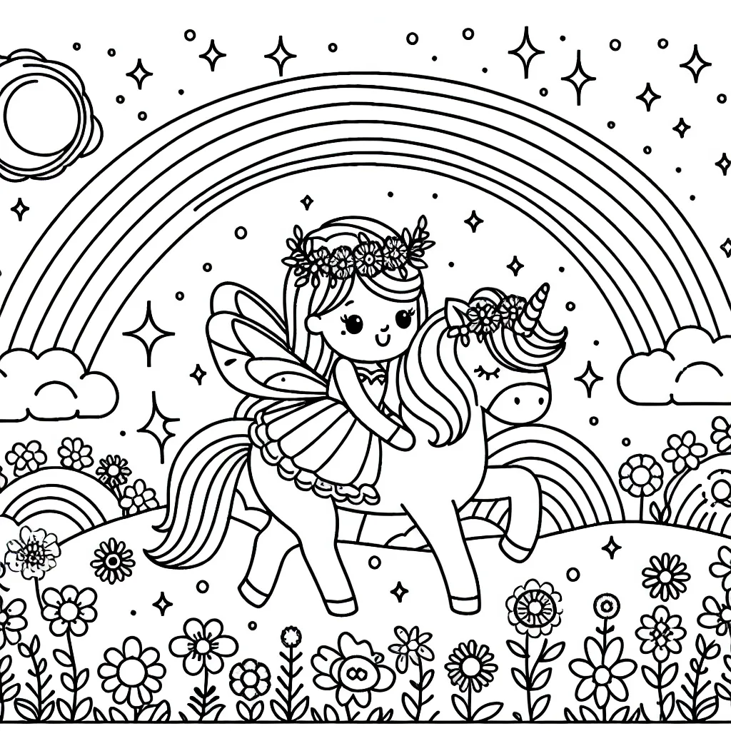 Une princesse fées est en train de promener son licorne magique dans des champs remplis de fleurs colorées. Il y a un arc-en-ciel brillant dans le ciel.