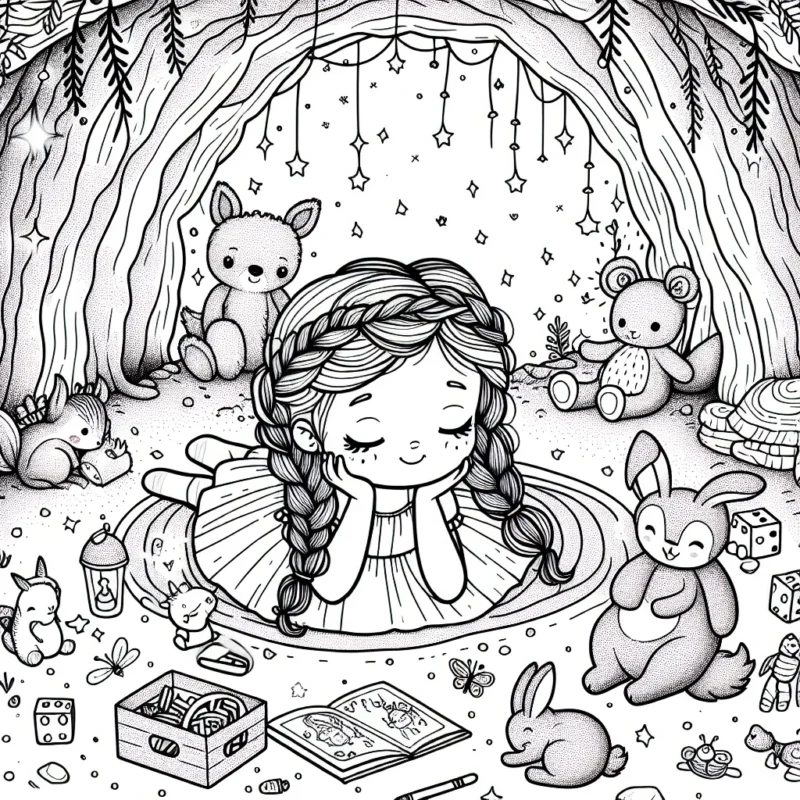 Une petite fille aux longues tresses joue tranquillement dans une grotte enchantée entourée de créatures forestières. Elle est assise sur son tapis de jeu favori avec des jouets et des livres autour d'elle. Il y a aussi des lucioles scintillantes qui flottent autour d'elle, ajoutant une touche magique à la scène.