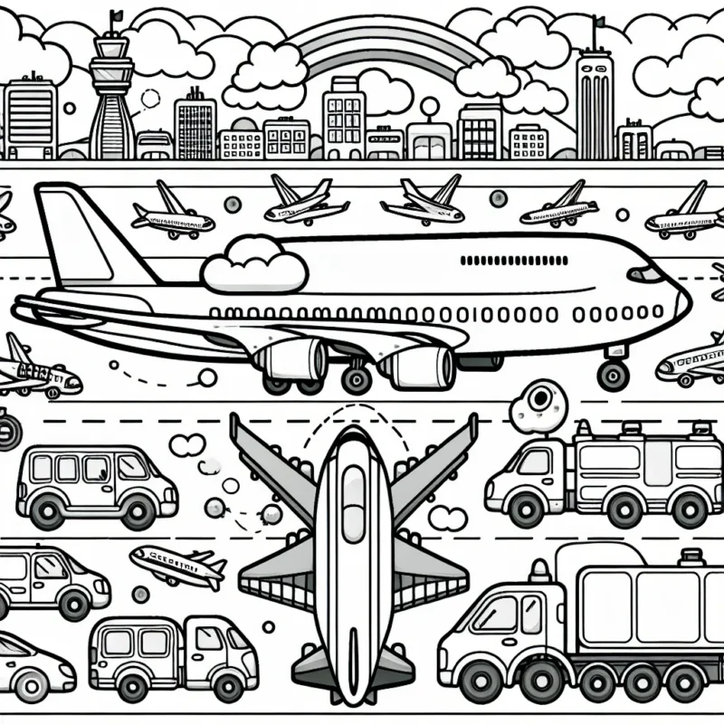 Vous êtes au cœur d'un aéroport international très animé. Devant vous se trouve un avion majestueux prêt à décoller. Autour de vous, des véhicules spéciaux fourmillent pour lui donner tout le carburant et les provisions nécessaires. Un avion de ce type peut voyager à travers le monde, imaginez alors toutes les endroits incroyables qu'il pourrait atteindre. À vous de les colorer à votre guise.