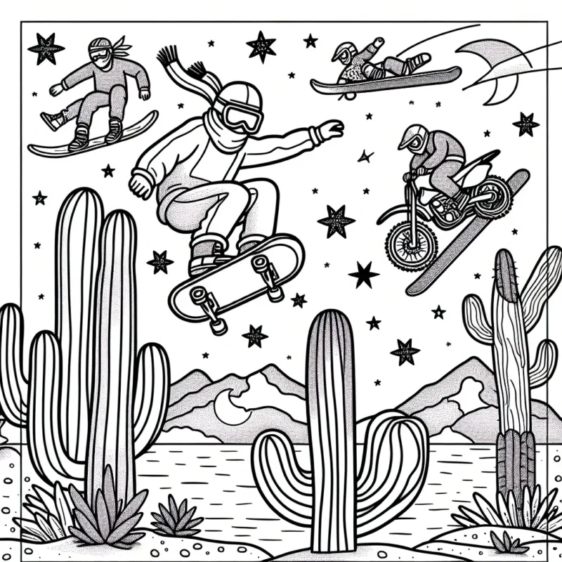 Un planchiste sautant audacieusement par-dessus une rangée de cactus dans le désert, pendant que d'autres sportifs extrêmes bondissent avec des motocross et skis nautiques dans le ciel étoilé.