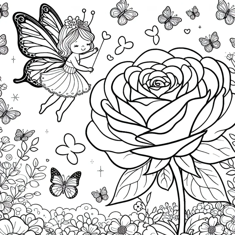 Dessine une petite fée volant avec des papillons colorés dans un jardin enchanté, cachée derrière une rose géante.