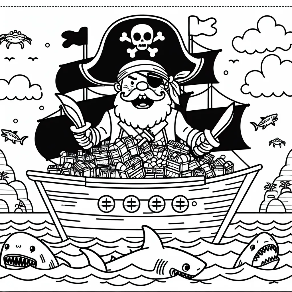 Pirate féroce aux milles trésors partant en voyage sur un grand navire, entouré par une mer infestée de requins