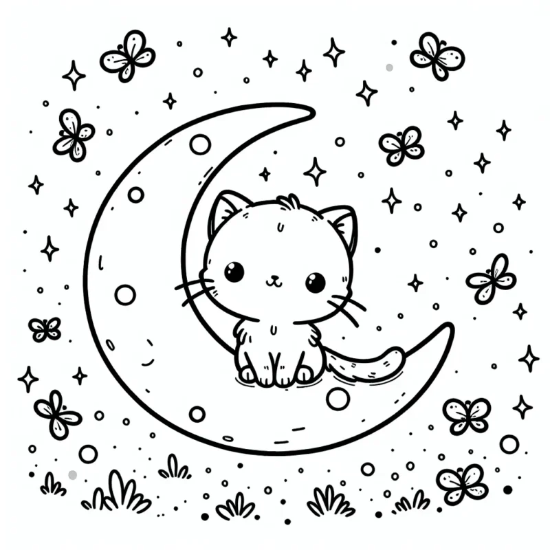 Un petit chaton timide assis sur une lune en forme de croissant, entouré de lucioles scintillantes