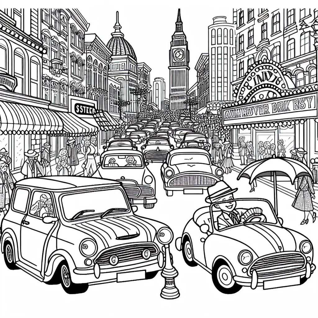 Dessine une scène animée d'un défilé de voitures classiques dans une ville animée.