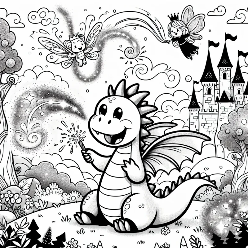 Un charmant petit dragon joue avec ses amis dans un monde de fantaisie rempli de châteaux magiques et de forêts merveilleuses. Le dragon crache de petites étincelles en riant et tourbillonne dans un ciel expressif. Ses amis, un chevalier courageux et une fée pétillante, l'accompagnent dans leurs aventures.