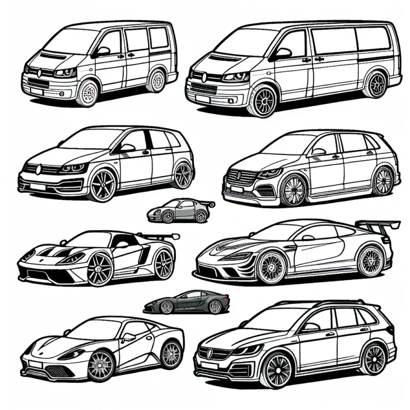 Crée un dessin en mettant les voitures de diverses marques en lumière. Inclut par exemple Volkswagen, BMW, Mercedes, Ford et Tesla.