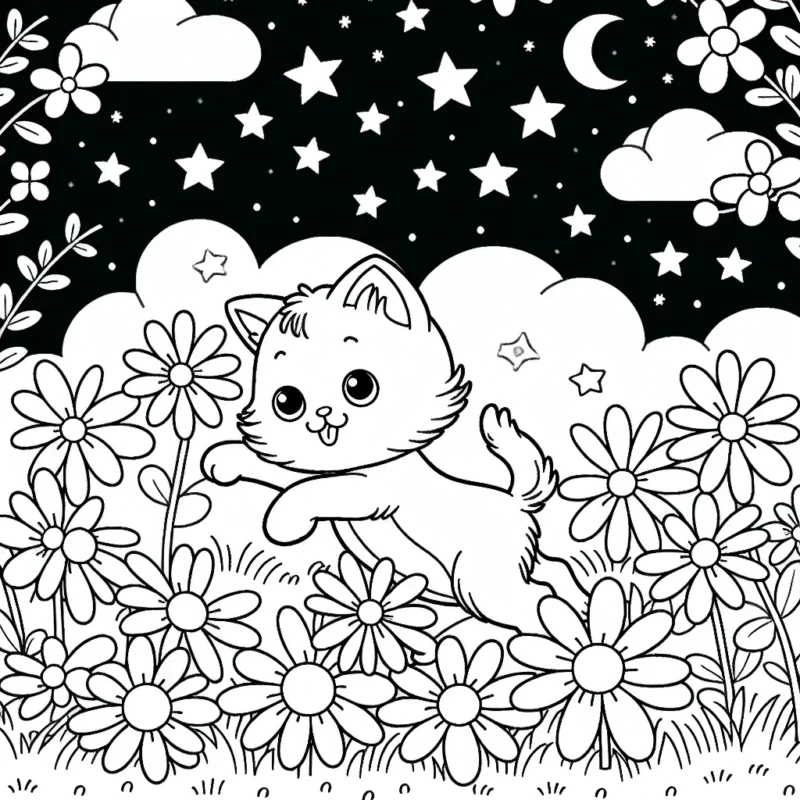 Un chaton s'amuse dans un champ de marguerites sous un ciel étoilé.