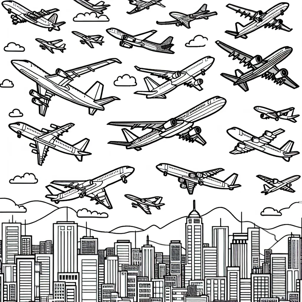 Imagine un ensemble d'avions volant au-dessus d'une ville animée. Il y a différents types d'avions : des avions de passagers, des avions de chasse et même quelques avions à réaction. N'oublie pas de colorier le ciel, la ville en dessous, et bien sûr, tous ces avions incroyables !