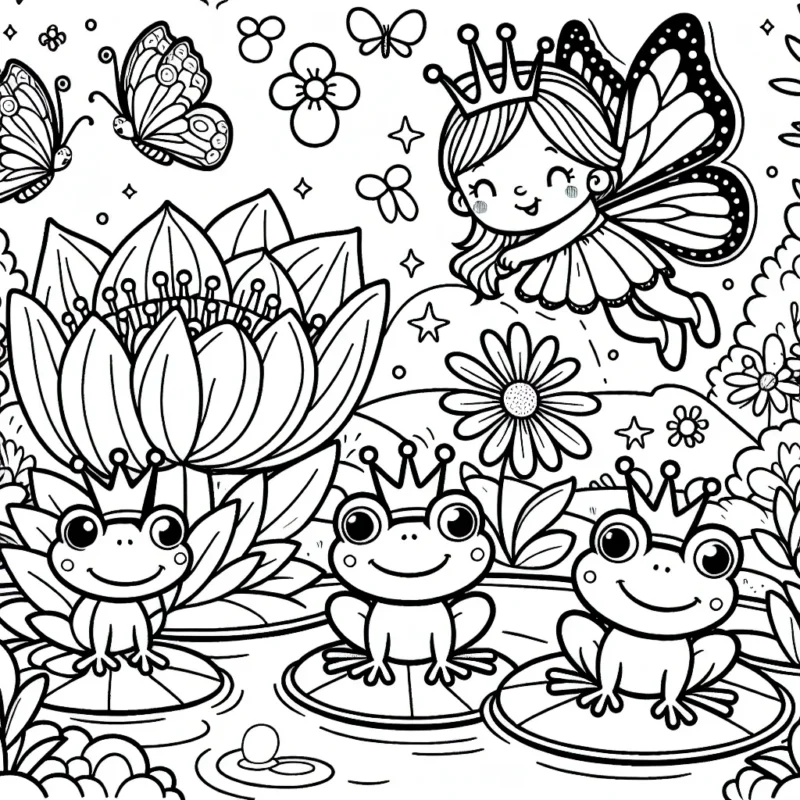 Dans un jardin enchanté, une petite fée survole une mare peuplée de grenouilles portant des couronnes d'or, pendant que les papillons aux ailes multicolores dansent autour des fleurs gigantesques.