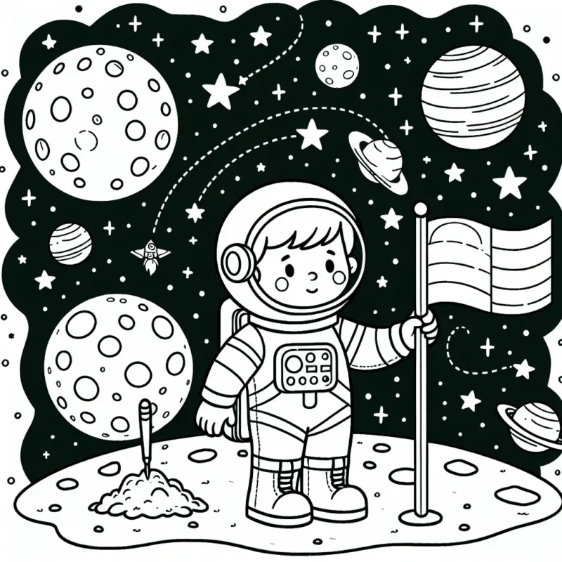 Un petit garçon astronaute sur la lune en train de planter le drapeau de la terre tout en observant les étoiles et les planètes dans le ciel spatial