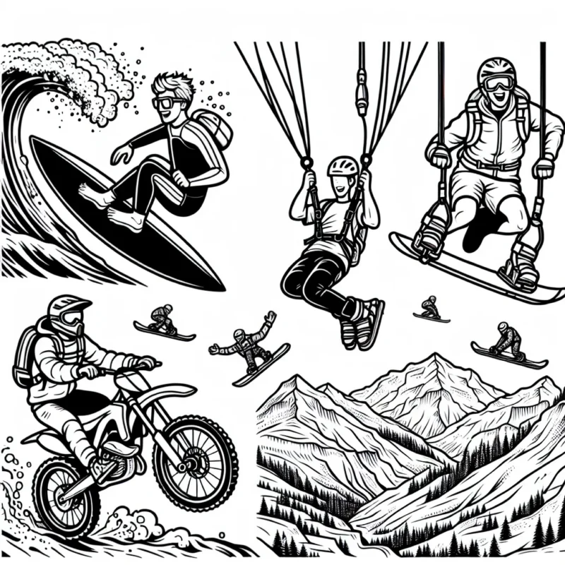 Créez un dessin stupéfiant avec un aventurier intrépide en pleine action de sport extrême. Faites-le faire du surf sur de grandes vagues, du saut à l'élastique depuis un pont vertigineux, du VTT dans des montagnes escarpées, et du snowboard lors d'une avalanche! N'oubliez pas de bien détailler les expressions de son visage tout au long de ces activités passionnantes. Ensuite, colorez-le avec les couleurs les plus vibrantes pour faire ressortir toute l'audace et l'excitation de ces sports extrêmes.