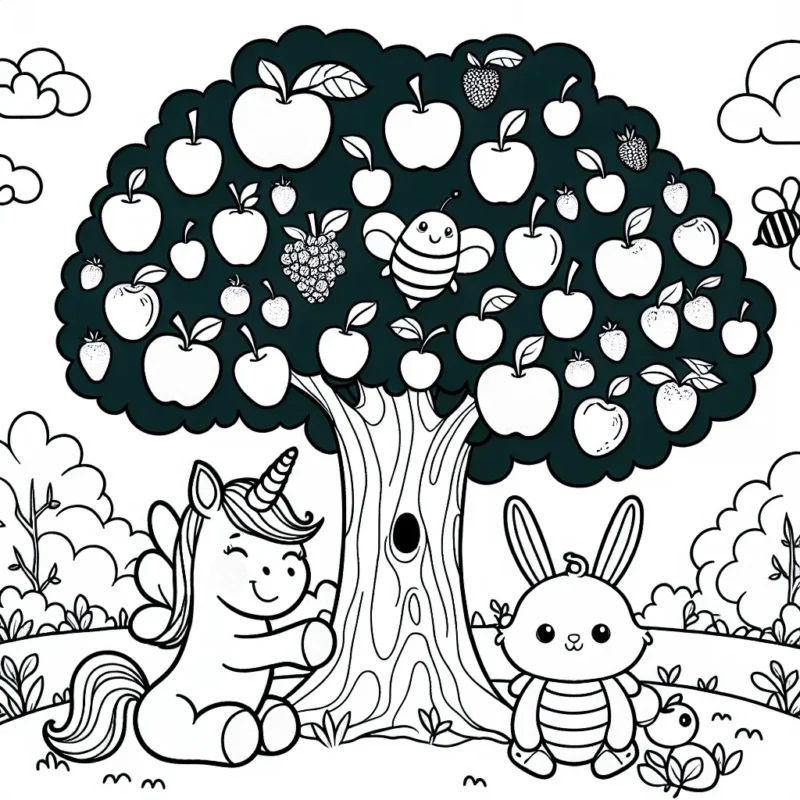 Dans une clairière, un licorne joyeuse, une abeille travailleuse et un lapin espiègle jouent ensemble autour d'un arbre centenaire rempli de fruits colorés