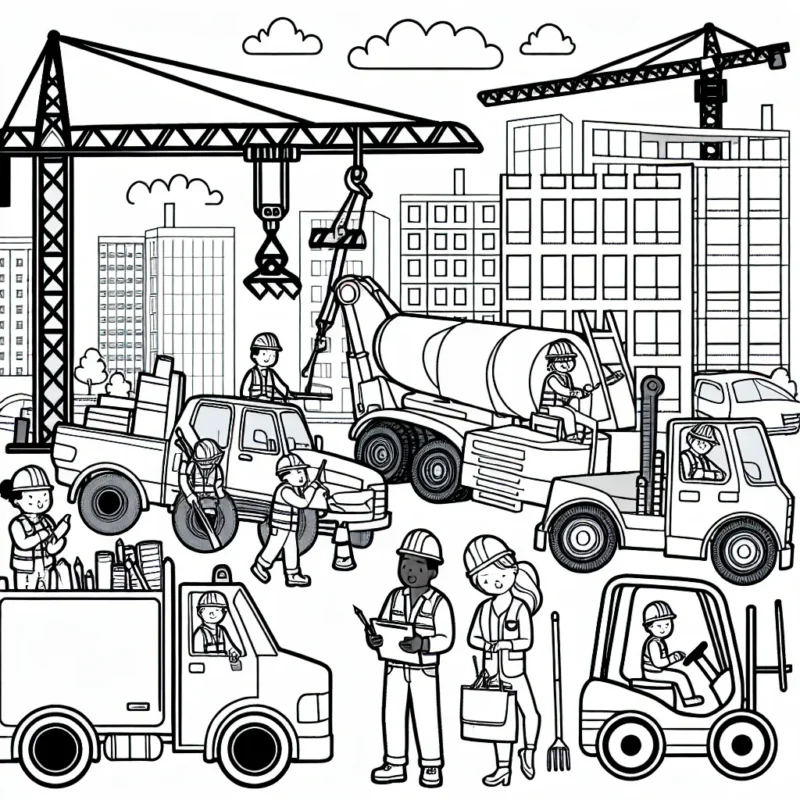 Une scène de chantier animée avec des camions, des grues, des travailleurs et un immeuble en construction.